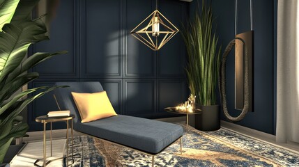 A stylish interior featuring a lounge chair, plants, and elegant decor for relaxation.