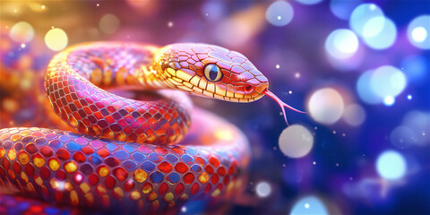 Fototapeta premium A striking close-up of a colorful snake with iridescent scales, set against a vivid, abstract background, emphasizing nature's intricate and exotic beauty.