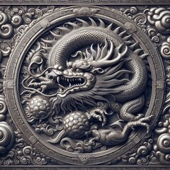 Repoussé style metal embossing of a Chinese dragon with raised