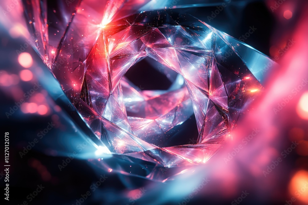 Poster abstract art of a glowing, multifaceted crystal structure with red and blue light, creating a mesmer