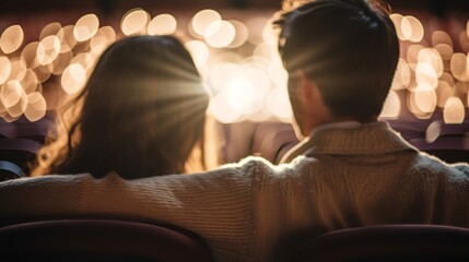 Fototapeta premium Romantic Moment in Cinema: Young Couple Holding Hands and Watching Movie Screen with Intensity and Love