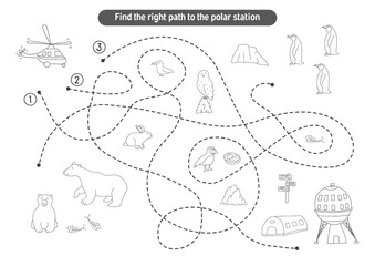 Labyrinth, Maze game for children. Logical puzzle for kids. Quest to find the right path for a helicopter to polar station. Vector illustration.