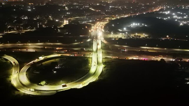 Nighttime aerial view of intersecting roadways