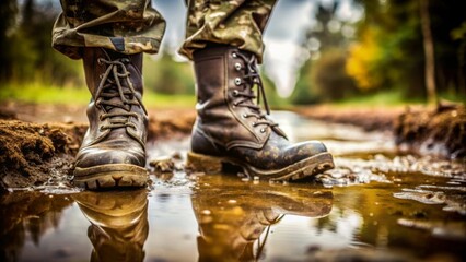 Soldier boot in mud close up