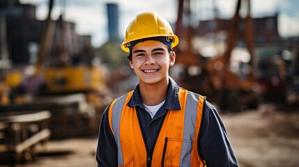 Confident Young Apprentice in Construction Uniform Smiling With Wrench, Urban Construction Site Background