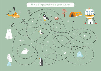 Obraz premium Labyrinth, Maze game for children. Logical puzzle for kids. Quest to find the right path for a helicopter to polar station. Vector illustration.