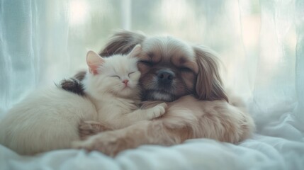 A dog and a cat cuddling peacefully together on a soft surface.