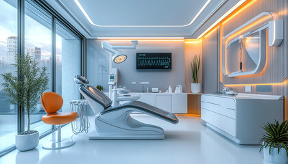 High-tech telehealth room with modern diagnostic tools and serene design