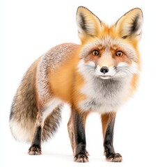 Fototapeta premium The image shows a striking red fox standing proudly against a crisp white background, with its vibrant fur and bushy tail creating a mesmerizing contrast.