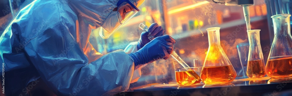 Poster a scientist in protective gear conducts experiments with colorful liquids in a laboratory.