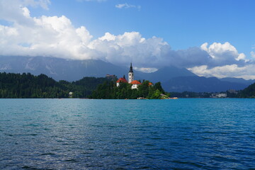 BLED, SLOVENIA -22 JUNE 2024- Landscape view of Lake Bled in summer. Bled is a lake in the Julian...