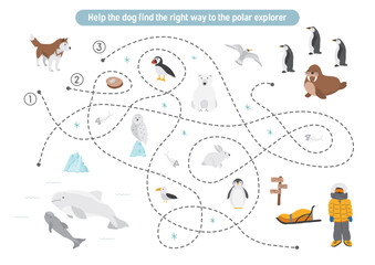 Labyrinth, Maze game for children. Logical puzzle for kids. Quest to find the right path for a dog to polar explorer. Vector illustration.