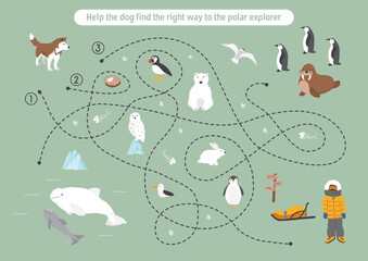 Labyrinth, Maze game for children. Logical puzzle for kids. Quest to find the right path for a dog to polar explorer. Vector illustration.