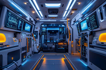 Interior of a futuristic ambulance equipped with advanced life-saving technology and monitors