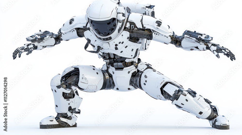 Poster a futuristic humanoid robot in a dynamic pose, showcasing advanced technology and design.