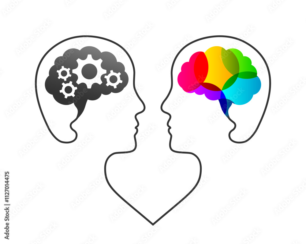 Poster left and right brain and cerebral hemispheres concept. left brain with gears as logic and analytical