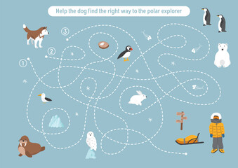 Labyrinth, Maze game for children. Logical puzzle for kids. Quest to find the right path for a dog to polar explorer. Vector illustration.