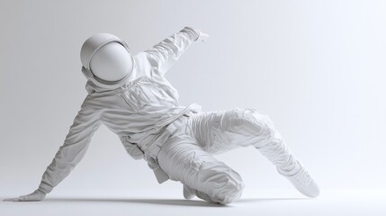A stylized, white astronaut figure striking a dynamic pose against a minimalist background.
