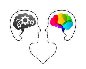 Left and right brain and cerebral hemispheres concept. Left brain with gears as logic and analytical thinking, right brain with colorful shapes as creativity and creative imagination symbol.