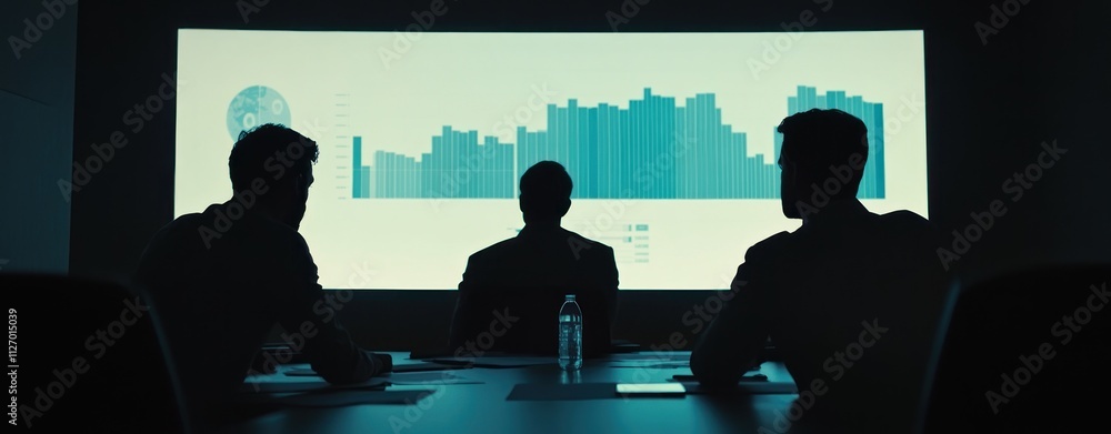 Aufkleber a meeting in a dimly lit room with a data presentation on a large screen.