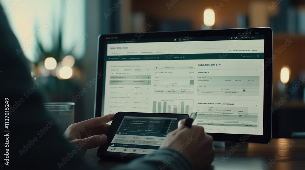 Poster a person using a tablet and laptop for data analysis and financial management.