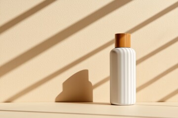 Sleek white cosmetic bottle with wooden cap standing on table in sunlight beams background