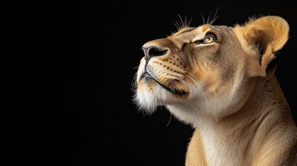 Fototapeta premium A close-up portrait of a lioness gazing upward against a dark background.