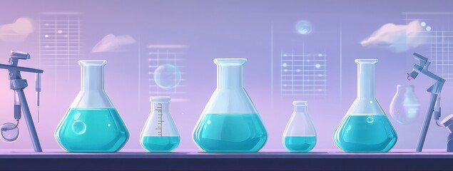 A colorful array of laboratory glassware filled with blue liquids, suggesting scientific exploration.
