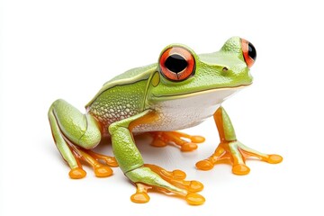 Colorful Green Frog with Bright Orange Eyes and Hands on White Background