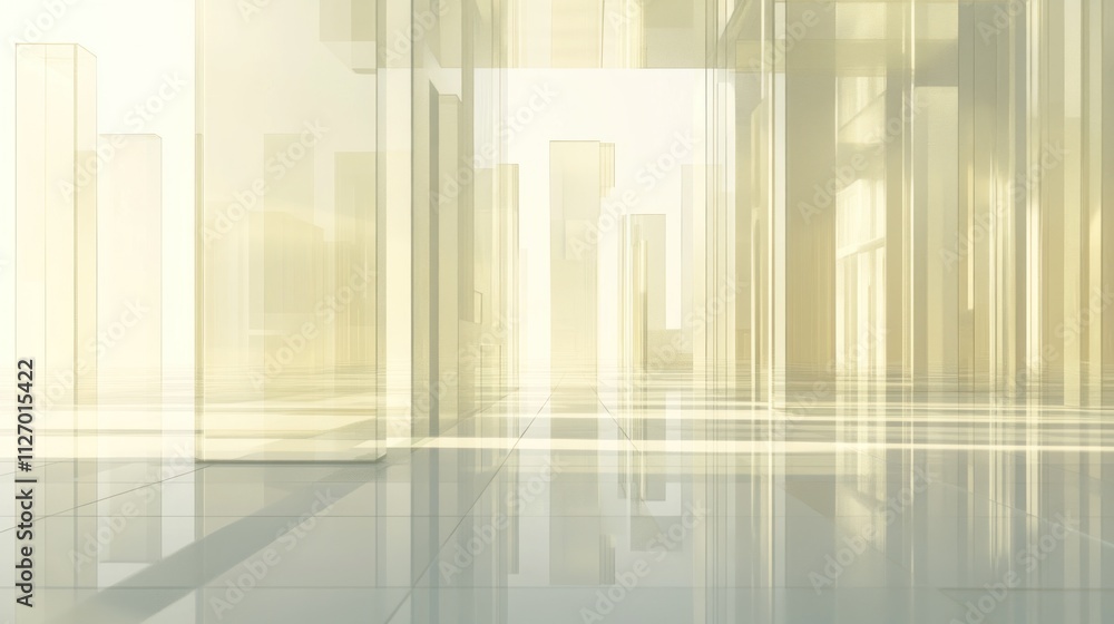 Poster a futuristic, translucent architectural space with reflections and soft light.