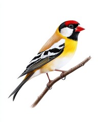 Naklejka premium Vibrant Goldfinch Bird Illustration Perched on a Branch Against a White Background
