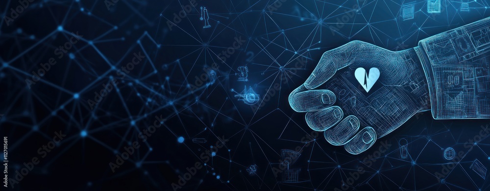 Poster a digital hand holding a heart amidst a network of data points, symbolizing connection and care.