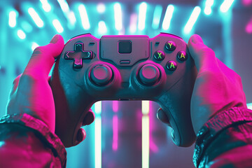 A gaming controller held by two hands in front of a glowing neon background