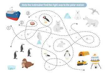 Labyrinth, Maze game for children. Logical puzzle for kids. Quest to find the right path for an icebreaker to polar station. Vector illustration