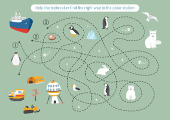 Labyrinth, Maze game for children. Logical puzzle for kids. Quest to find the right path for an icebreaker to polar station. Vector illustration