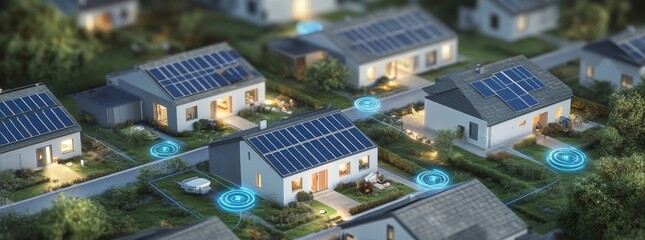 Smart Homes, Aerial View Solar-Powered Neighborhood Network, Smart Grid, Energy Efficiency Smart Home, Solar Energy