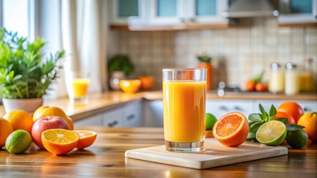A citrus glass of juice on a kitchen counter