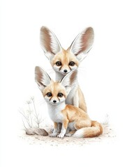 Two Adorable Fennec Foxes with Large Ears Sitting Together in a Serene Natural Setting