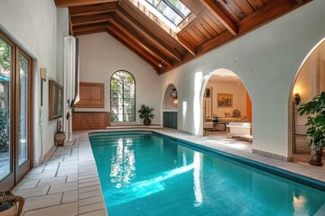Indoor swimming pool area with wooden beams and natural light.
