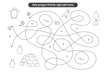 Labyrinth, Maze game for children. Logical puzzle for kids. Quest to find the right path for a penguin to his home. Vector illustration.