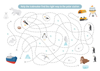Labyrinth, Maze game for children. Logical puzzle for kids. Quest to find the right path for an icebreaker to polar station. Vector illustration