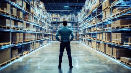 Fototapeta premium Man in Digital Warehouse Data Visualization of Inventory Management, Logistics, Supply Chain, Warehouse Automation Logistics, Supply Chain Management