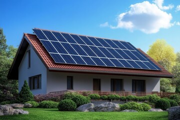 Fototapeta premium House with Solar Panels on Roof 3D Rendering, Sustainable Home, Clean Energy, Eco-Friendly Design solar energy, sustainable architecture