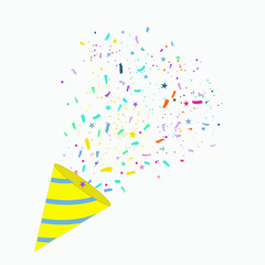 Colorful party popper bursting with confetti and stars in a festive celebration design