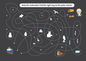 Labyrinth, Maze game for children. Logical puzzle for kids. Quest to find the right path for an icebreaker to polar station. Vector illustration