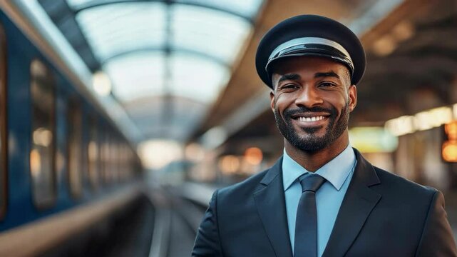 A train conductor in formal uniform stands on a platform at a modern train station. Ideal for highlighting railway operations, public transport, and professional service.