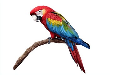 Fototapeta premium Colorful Scarlet Macaw Perched on a Branch with Vibrant Feather Details and Bright Colors
