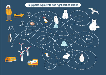Labyrinth, Maze game for children. Logical puzzle for kids. Quest to find the right path for a polar explorer to polar station. Vector illustration.