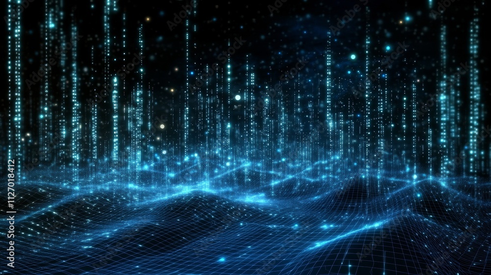 Poster digital data flow abstract blue grid composition, cyberspace concept, data visualization, digital ar