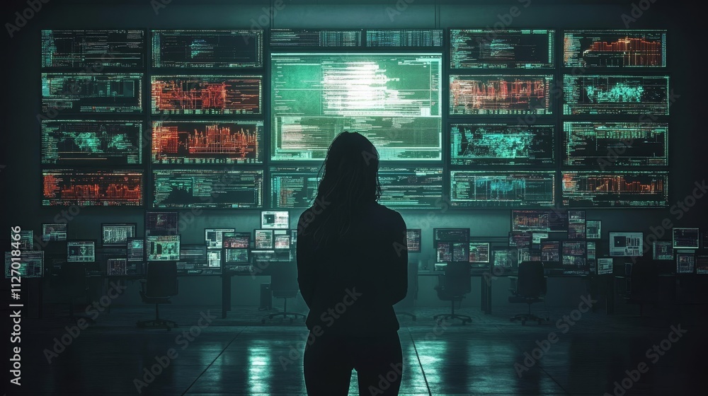 Poster cybersecurity surveillance woman silhouette in a data center with multiple screens displaying code, 